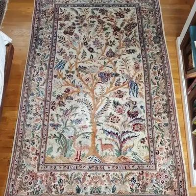 Handwoven Persian Tree of Life Wool Rug with Cream Ground - 4'11"x12'11"