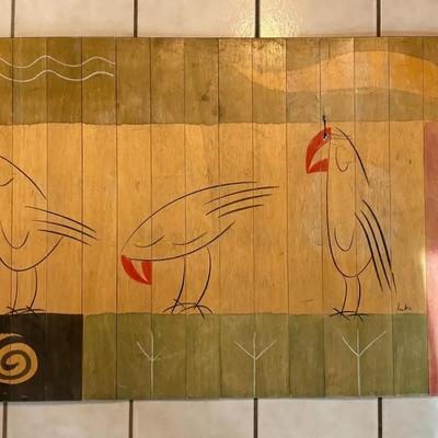 Kakadu Designs Reut Shaher Signed Hand Painted Wood Mat With Bird Motif- 1'12" X 3'4"