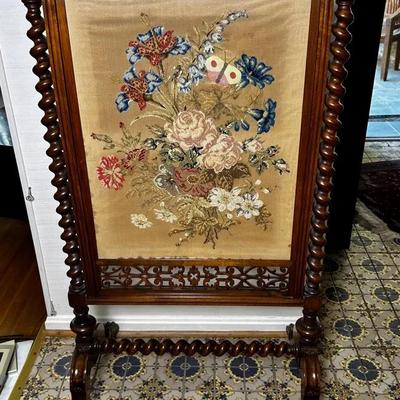 Victorian Needlepoint Fireplace Screen - 22x19x46”