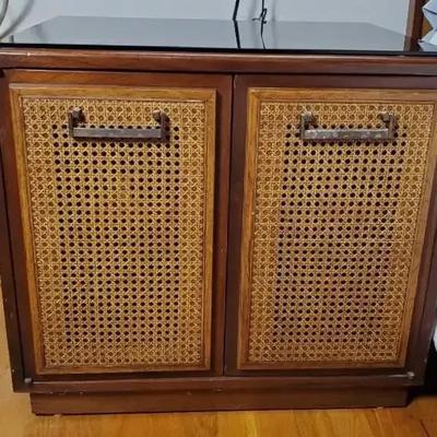 MCM Cane Front Two-Door Cabinet with Black Glass Top - 24x18x26.5" - 1 of 2
