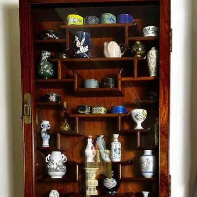 Vintage Asian Miniatures In Wall Cabinet - 18x5x27.5” 