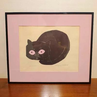 Margery Niblock Signed Cat Print, "Pudding" Framed,  15.75x18.5"