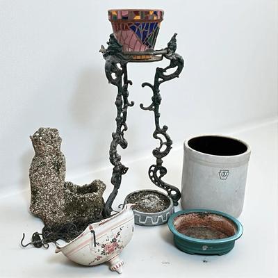 Cast Iron Plant Stand 29”, 3 Gallon Crock, Conglomerate Owl Planter, More Planters