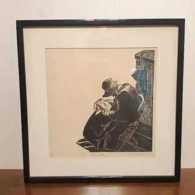 Maria Bizjakova Signed Limited Edition Woodcut Print  "Never too Old" -16/20- Framed 18.5x18.5" 