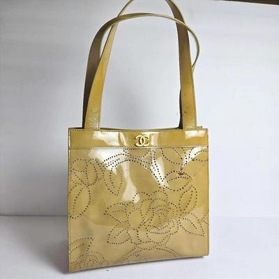 Authenticated Chanel Patent Perforated Camellia Handbag