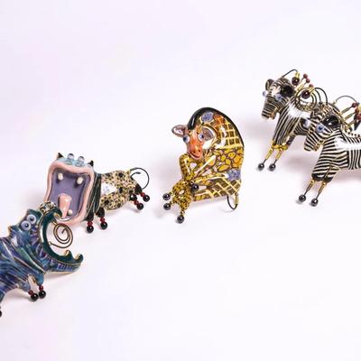 Artisan Jewelry 10 Porcelain Hippos, Zebras, Giraffe Brooches (5), 2.25 - 3.25" Wide