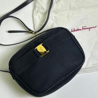 Authenticated Salvatore Ferragamo Canvas Shoulder Bag - 9.25x3x6.75", Strap Drop 20"