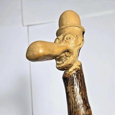 Folk Art Big Nose Caricature Carved Wood Cane 41”