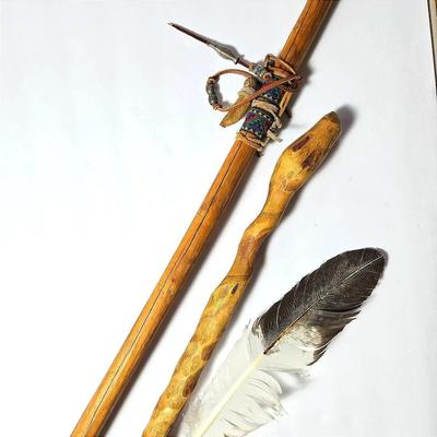 Walking Sticks - Spiral Carved Wood Witb Turquoise Inlay & Fossilized Tooth