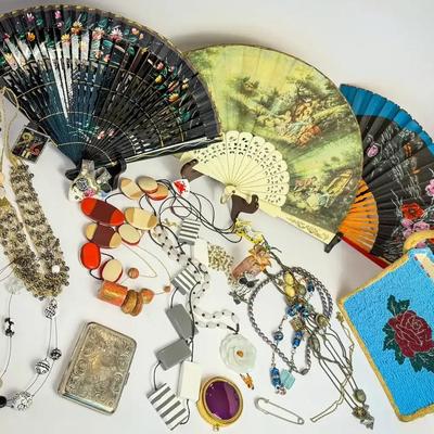 Women's Accessories; Costume Jewelry, Vintage Fans, Beaded Bag & More