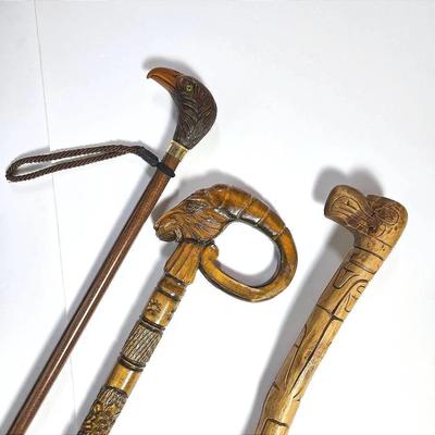 Carved Ram’s Head Cane, Carved Thunderbird Cane & Resin Eagle Head Cane 