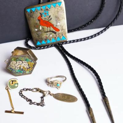 Sterling Silver (Marked/Tested) Bolo Tie, Ring, Pill Box, & More