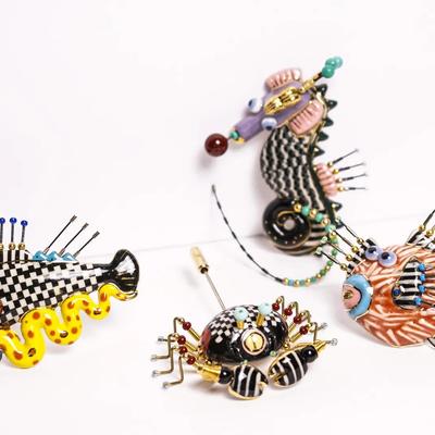 Artisan Jewelry 10 Porcelain Seahorse, Crab, Fish Brooches (4), 2 - 3.25" Long