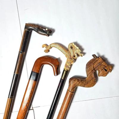 Carved Bone & Wood Asian Dragon & Snake Canes, Plus Horse Head Cane