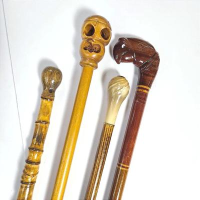 Carved Antler, Parrot, Skull & Bamboo Canes