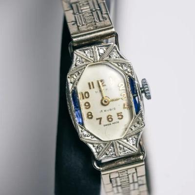 Platinum  & 14K White Gold Nacar Art Deco Ladies Watch, Diamond & Sapphire Accents -17 Jewels