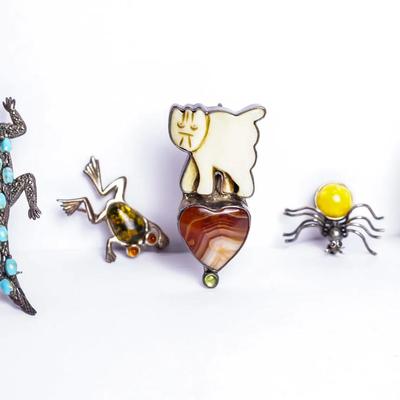 Sterling Silver Animal Brooches With Stone & Amber Accents