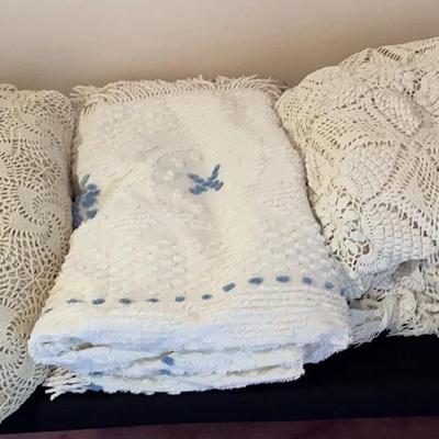 Vintage Hand Crochet Bed Coverlets And Chenille Bedspread