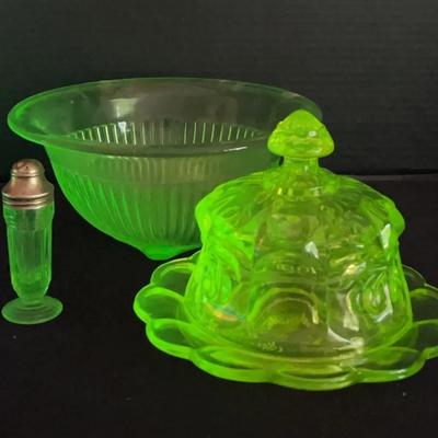 Uranium Glass Mixing Bowl, Salt Shaker And Butter Dish