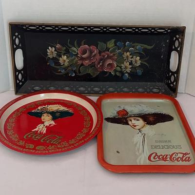 Metal Coca Cola Trays And Black Toleware Tray