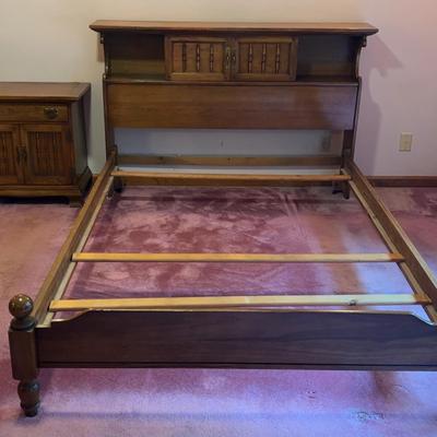 Queen Size Bed with Sliding Door Bookshelf Headboard plus Nightstand