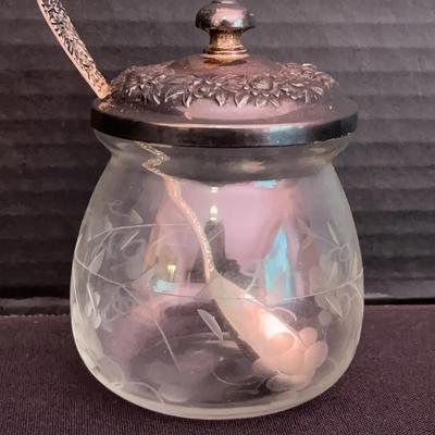 Vintage Etched Jam Jar With Sterling Lid & Spoon