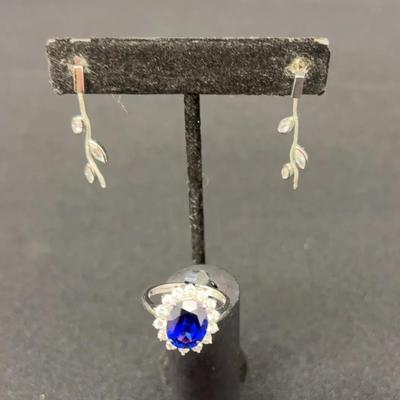 Sterling Silver Ring W/ Oval Blue Stone And Sterling  Earrings 