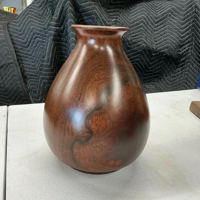 Heavy Wood Carved Vase Artist Signed 