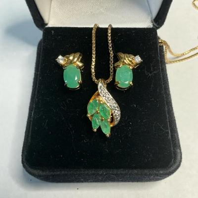 925 Gold tone Emerald Look Necklace And Earring Set
