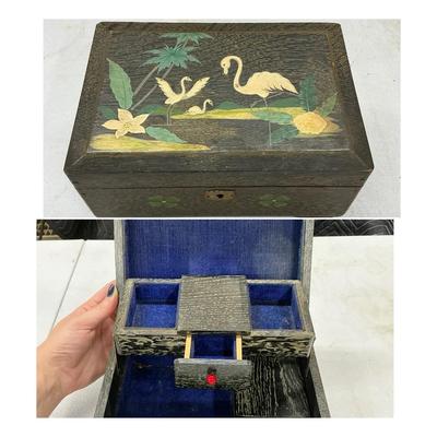 Antique Velvet Lined Flamingo Jewelry Box 