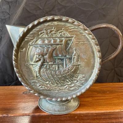 VTG Hammered Brass Pitcher Viking Ship