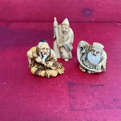 Netsuke Trio Of Figurines Carved Bone