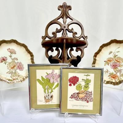 Vintage MCM Decorative Plates, Framed Florals And Carved Wooden Kitchen Shelf
