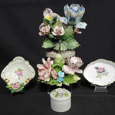 Collection of European Porcelain Floral Figurines & Decorative Dishes