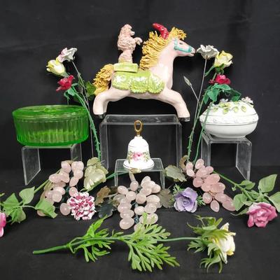 Uranium Glass Vanity Box, Porcelain Florals & Whimsical Ceramic Figurine Collection