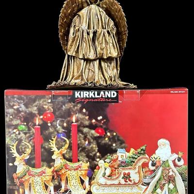 NIB Kirkland Signature Santa & Sleigh w/Reindeer Candle Holders / Vintage Hand-Painted Ceramic Set
