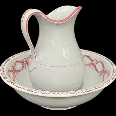 Antique “Harvard” Ironstone Wash Pitcher and Basin Set – Red Ribbon & Bow Pattern, c. 1900