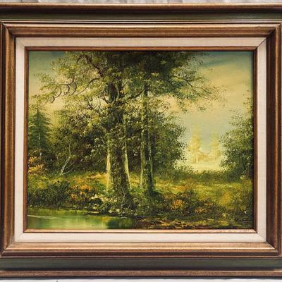 Landscape Trees & Stream: Framed Original Oil on Canvas