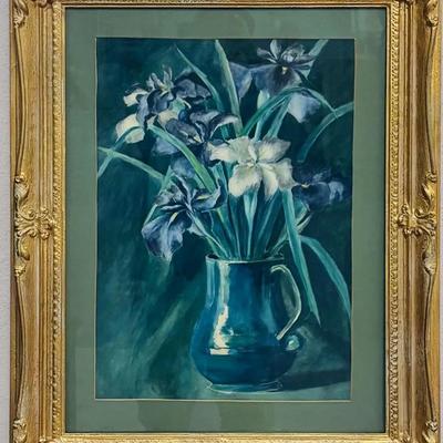 Vintage Iris Still Life in Ornate Gold Frame