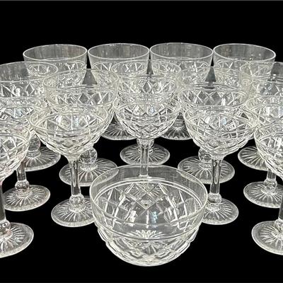 Stuart Crystal “Victoria” Pattern Set – w/9 Water Goblets, 7 Champagne Coupes & Bowl