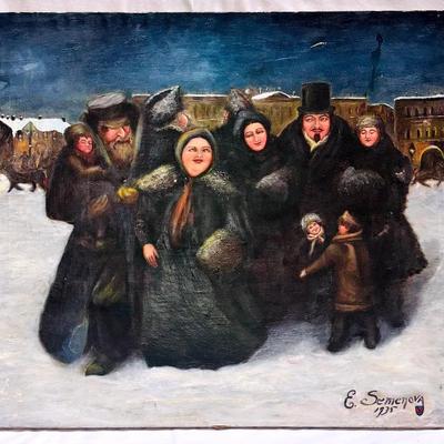 Vintage Russian Winter Family Scene by E. Semenova, Dated 1935