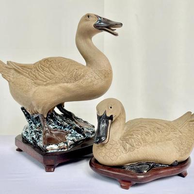 Pair Of Vintage Chinese Shiwan Ceramic Duck Statues