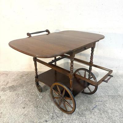 Vintage Wooden Drop-Leaf Tea/Bar Cart with Glass Shelf