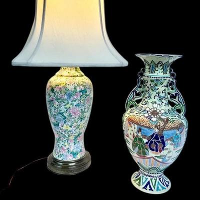 Satsuma-Style Japanese Vase & Chinese Famille Rose Porcelain Table Lamp 