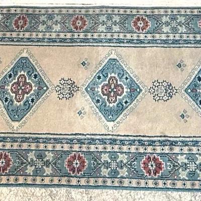 Long Vintage Hand-Knotted Oriental Runner Rug – Geometric Diamond Medallion Design