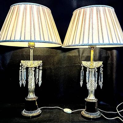 Pair of Vintage Cut & Pressed Glass Crystal Table Lamps with Brass Bases and Pleated Shades