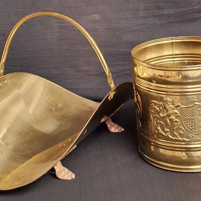 Vintage Brass Firewood Log Holder & Vintage Embossed Brass Cachepot
