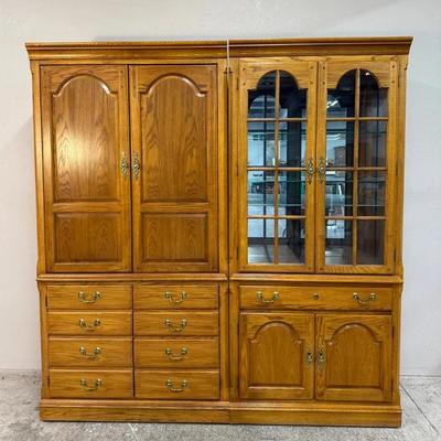 2 Piece Thomasville Solid Oak China Cabinet & Storage Hutch Set