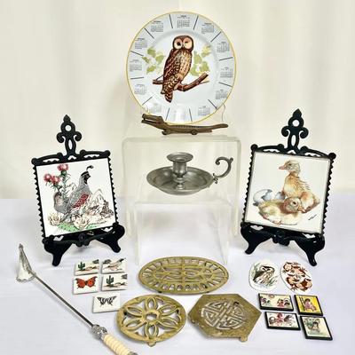 Vintage Collection Of Brass Alligator Nutcracker, Trivets, Pewter Chamberstick & More