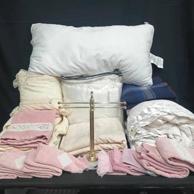 Large Assorted Collection of Vintage Bedding & Linens – Quilts, Lace Accents, and Brass Towel Stand

